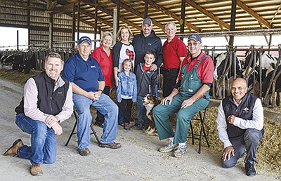 The breeding management team at Rademacher-Meier Dairy includes – (from left) Brian Kelroy, Dan Davis, Fran Rademacher, Heidi and Stuart Meier and their children, Kayla and Kellen, Alan Rademacher, Dr. Kent Pohlman and Mohammed Touir. The Rademacher and Meier families have maintained a 35% pregnancy rate for the last 12 months on their 250-cow dairy near Sun Prairie, Wisconsin. PHOTO SUBMITTED