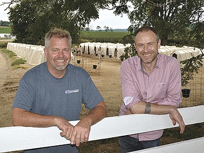 Bryan Voegeli (left) and Markus Candinas are partners in Yodelay Yogurt – a Swiss-style yogurt made exclusively from the milk of Voegeli’s 220-cow Brown Swiss herd located near Monticello, Wisconsin. PHOTO BY STACEY SMART