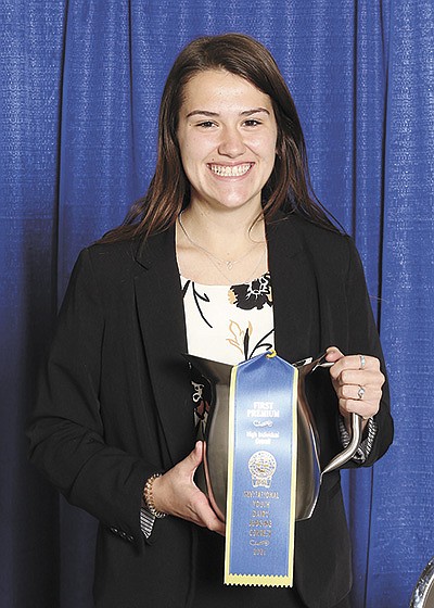 Justyne Frisle is named the overall high individual and winner of oral reasons at the North American International Livestock Exposition’s national youth dairy judging contest Nov. 7 in Louisville, Kentucky. Frisle is from Prairie Farm, Wisconsin. PHOTO SUBMITTED