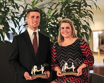 Brian “Mac” McCullough (left) and Hannah Hockerman are selected as the Wisconsin Outstanding Holstein Boy and Wisconsin Outstanding Holstein Girl at the Wisconsin Junior Holstein Convention Dec. 29, 2021, in Appleton, Wisconsin. PHOTO COURTESY OF WISCONSIN HOLSTEIN ASSOCIATION
