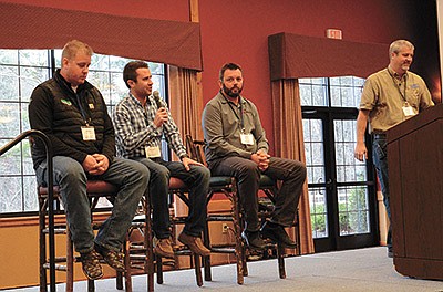 Manure hauler Jesse Dvorachek (from left), Jacob Brey of Brey Cycle Farms, Aaron Augustian of Augustian Farms and Barry Bubolz from the Natural Resources Conservation Service discuss management trade-offs from low disturbance manure applications during a panel at the Discovery Farms Conference Dec. 15 in Wisconsin Dells, Wisconsin. Brey and Augustian are part of the Demonstration Farms Network in northeast Wisconsin. PHTOO BY STACEY SMART