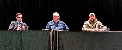 Cody Heller (from left), Pat Troendle and Michael Jenson, Jr. speak about composting, cover cropping strategies and green energy practices they are using on their farms during Form-A-Feed’s producer panel Jan. 13 in Welch, Minnesota. The producers believe that by utilizing these practices, their farms will become more sustainable for the next generation. PHOTO SUBMITTED