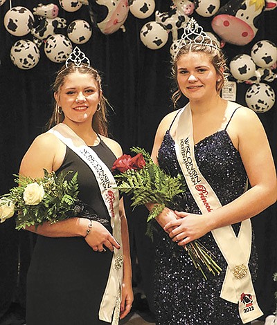 Maddy Hensel (right) of Pittsville, Wisconsin, is named the 2022 Wisconsin Holstein Association Princess at the organization’s annual junior convention. She is pictured with princess attendant Elena Jarvey (left) of Pulaski, Wisconsin.  PHOTO SUBMITTED