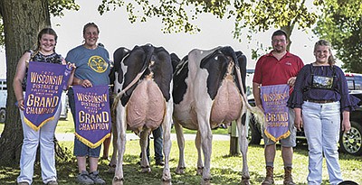 The Schmocker family – (from left) Tessa, Nina, Dave and Stella – stand with Stone (left) and Sabofarm Beemer Jasmine EX-93 after Stone won grand champion of the district 6 open and junior shows and Jasmine won reserve grand champion of the junior show in 2020. The Schmockers’ farm is located near Whitewater, Wisconsin.  PHOTO BY STACEY SMART