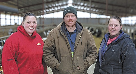 The Kane siblings – (from left) Rachel Kittell, Pat Kane and Jena Healy – milk 800 cows and farm 3,000 acres at Kane Dairy near Denmark, Wisconsin. The trio took over management responsibilities from their parents in 2015. PHOTO BY STACEY SMART