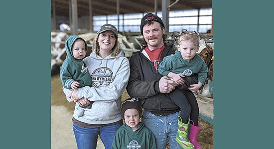 First-generation farmer, Adam Vanden Wymelenberg and his wife, Marie, and their children – (from left) Oscar, Ezra and Mabel – milk 155 cows and farm 280 acres near De Pere, Wisconsin. The Vanden Wymelenbergs purchased the farm in 2017. PHOTO BY STACEY SMART