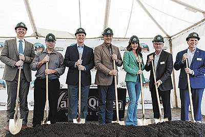 DANR Secretary Hunter Roberts (from left), Milbank Mayor Pat Rafferty, GEOD Commissioner Steve Westra, Lt. Governor Larry Rhoden, Governor Kristi Noem, Valley Queen Board Chair Ken Karels and Valley Queen CEO Doug Wilke participate in a groundbreaking ceremony at Valley Queen Cheese Factory to commemorate the start of its $195 million expansion project. PHOTO SUBMITTED