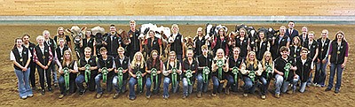 Thirty-five Minnesota 4-H dairy project members received honors in the Minnesota 4-H Dairy Showcase Aug. 28 at the Minnesota State Fair in St. Paul, Minnesota. (front, from left), 11th through 25th in the showcase; Natalie Clemenson, Goodhue County; Jacy Saemrow, Rice County; Tyler Ratka, Stearns County; Calvin Benrud, Goodhue County; Ava Kieffer, Winona County; Brea Kieffer, Winona County; Shelby Swanson, McLeod County; Karlie DeGrood, Rice County; Mason Glessing, Wright County; Josephine Sutherland, Pipestone County; Lauren Rott, Olmsted County; Elizabeth Thyen, Meeker County; Evelyn Scheffler, Goodhue County; Tarik Gavranovic, Nicollet County; and Marcus Kajer, Le Sueur County. (middle, from left; Rising Stars Lindsey Gibbs, Winona County; Monika Frericks, Stearns County; Emily Mellgren, Wabasha County; Ashley Mellgren, Wabasha County; Mattea Quigley, Dakota County; Hannah Visser, McLeod County; and Lillian West, Fillmore County; (back, from left) Kamrie Mauer, McLeod County, Rising Star; Madylan Wingert, Fillmore County, Rising Star; Emily Annexstad, emcee; first through 10th in the showcase, respectively: Megan Ratka, Stearns County; Garrett Waldenberger, Houston County; Joseph Achen, Benton County; Hailey Frericks, Stearns County; Dan Frericks, Stearns County; Rachel Visser, McLeod County; Alexis Hoefs, Le Sueur County; Clara Thompson, Olmsted County; Kallie Frericks, Stearns County; Megan Meyer, Winona County; Eric Houdek, emcee; and Anna Rott, Omsted County, Rising Star. PHOTO BY SHERRY NEWELL