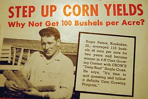 A brochure from the ‘40s shows a teenage Peters holding ears of his high-yielding corn. The Crow’s Hybrid Corn Company booklet tells how Peters averaged 110 bushels per acre two years in a row and won the 4-H Corn Growing Contest. (photo by Ron Johnson)