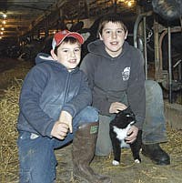 Marcus (left) and Matthew Goplen enjoy helping with chores on the family’s 65-cow dairy farm near Cannon Falls, Minn. They are pictured with one of their favorite cows, Sweetie, and cat, Willow. <br /><!-- 1upcrlf -->PHOTO BY KRISTA SHEEHAN