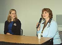 Janet Bremer (right), a dairy farmer from Hastings, Minn., talks about her experience with blogging during a producer panel in the breakout session, “Telling Your Story Through Social Media” on Nov. 27 during the Midwest Dairy Expo. Also on the producer panel was Seena Glessing (left) from Waverly, Minn. <br /><!-- 1upcrlf -->PHOTO BY KRISTA SHEEHAN