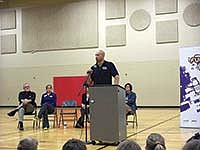 Ben Leber, former linebacker for the Minnesota Vikings, speaks to schoolchildren at Robert Bennis Elementary in Brandon, S.D., about the importance of starting each day with a good breakfast. Leber spoke as part of the Fuel Up to Play 60 program.<br /><!-- 1upcrlf -->PHOTO BY JERRY NELSON