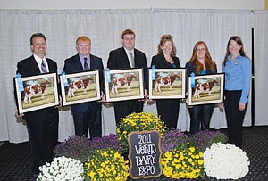 Sara Larson (fourth from left) was a member of the University of Wisconsin-Rivers Falls team that won the team title in Red and White Holsteins. Larson is from New Richland, Minn.